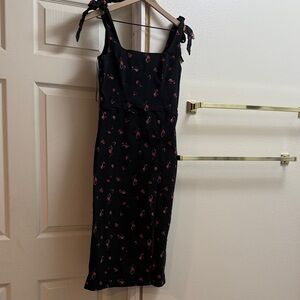 Francesca's Collections Black Midi Dress with Red Floral Design